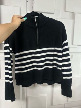 Dkny Black & White Striped Half-Zip Turtleneck Sweater